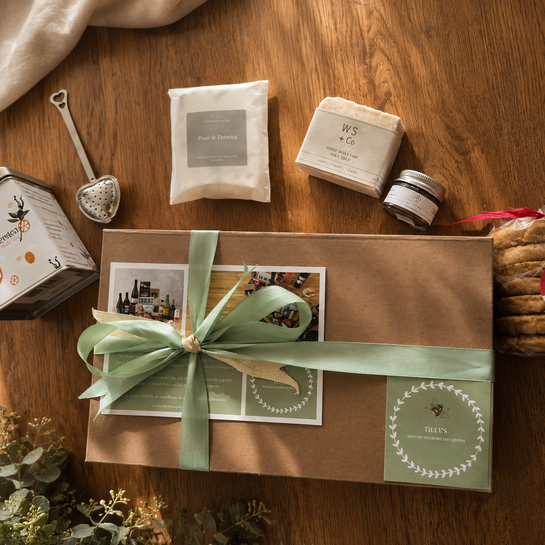 A Little Moment of Calm gift box hand packed with green ribbon.