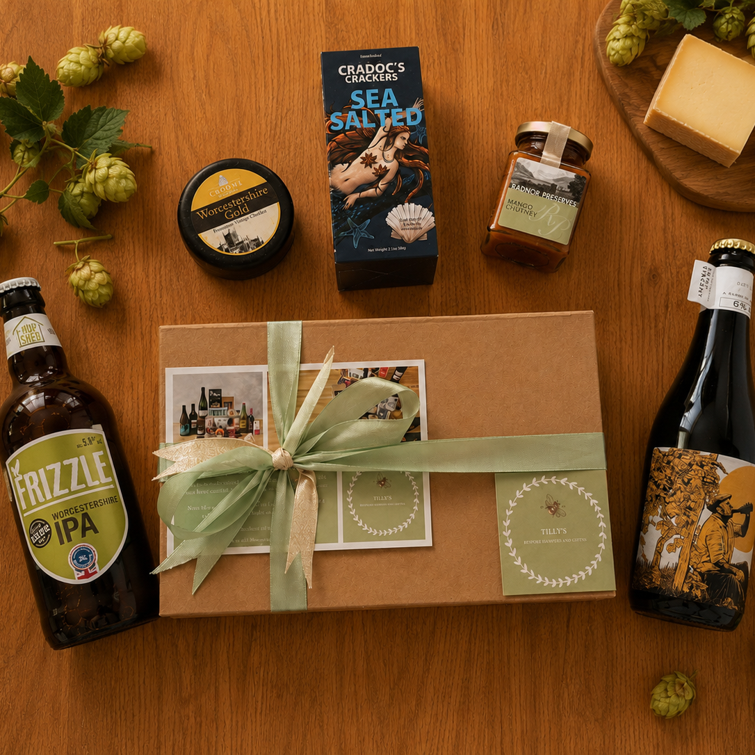 Gift box with beer, cheese, and snacks on a wooden surface