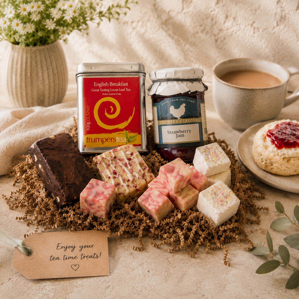 Afternoon tea gift with tea, strawberry jam, brownies, fudge and marshmallows
