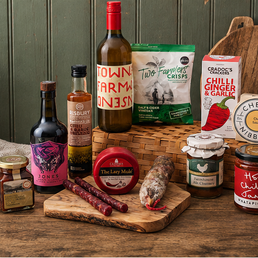 A styled food gift assortment arranged on a wooden table.