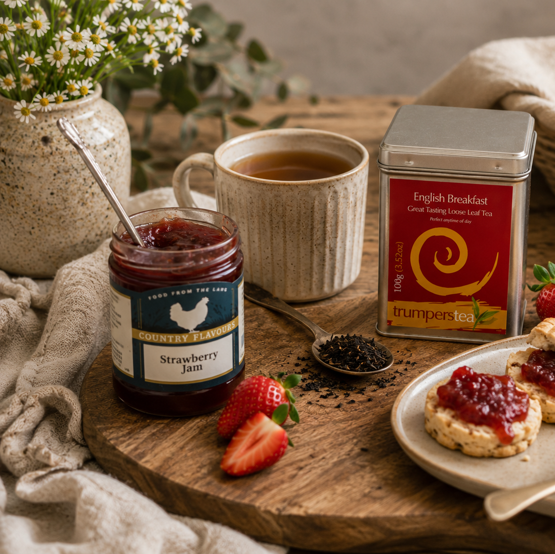 Tea time setting with jam, tea, and scones on a wooden board.
