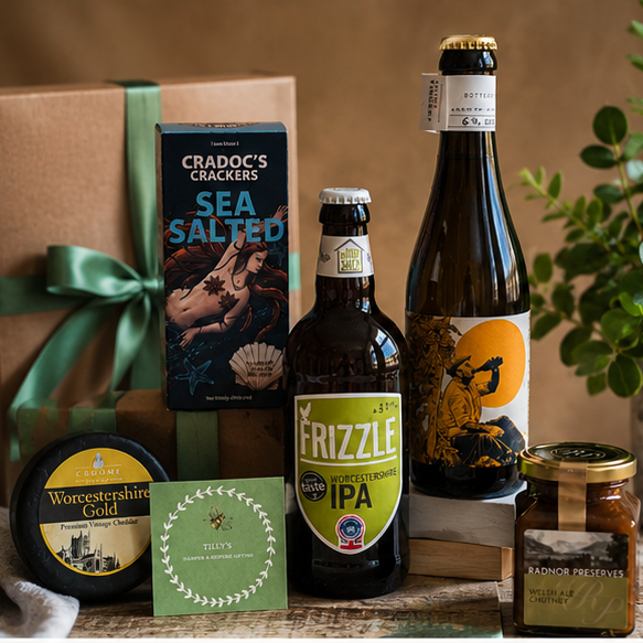 Gift set with beer bottles, cheese, and crackers on a wooden surface.