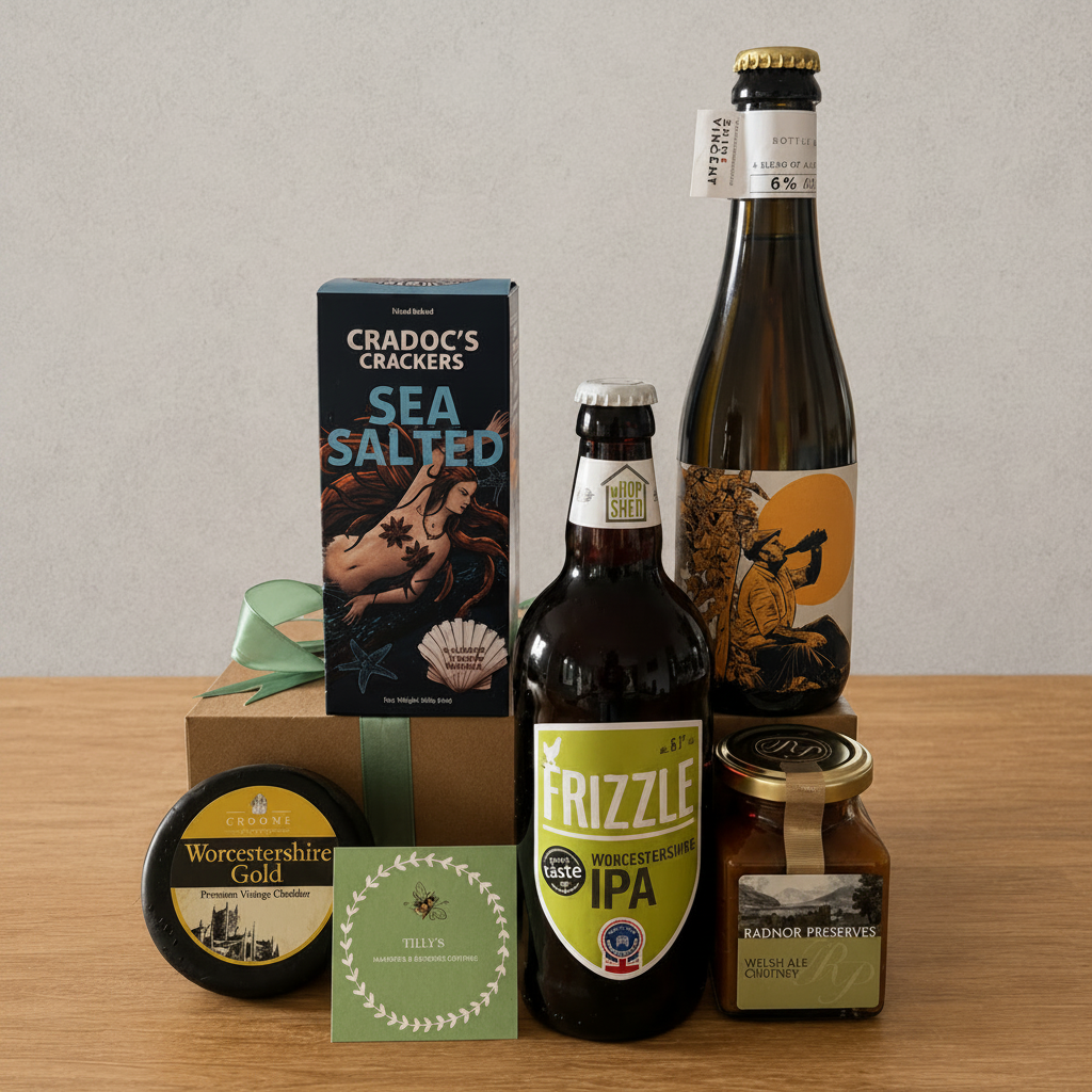 Two bottles of beer with cheese, crackers and chutney on a wooden surface with a gray background