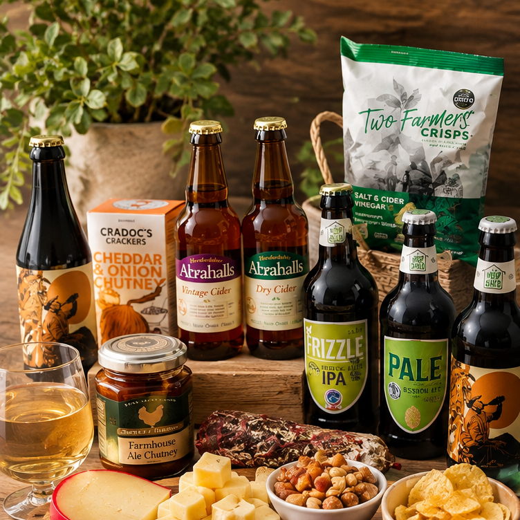 Craft beer and cider gift with cheese, crackers, salami, nuts and chutney