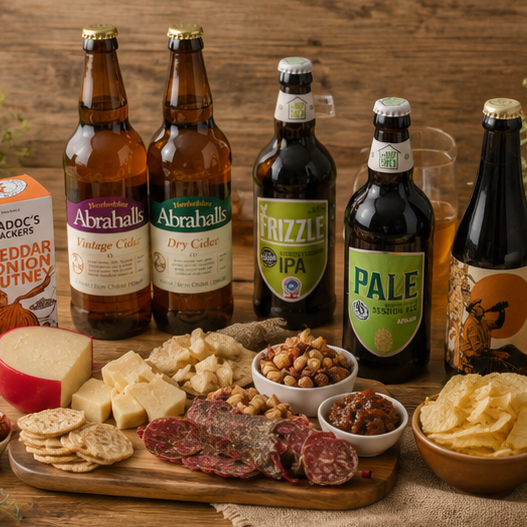 Craft ale and cider hamper with British drinks, artisan cheese and savoury treats