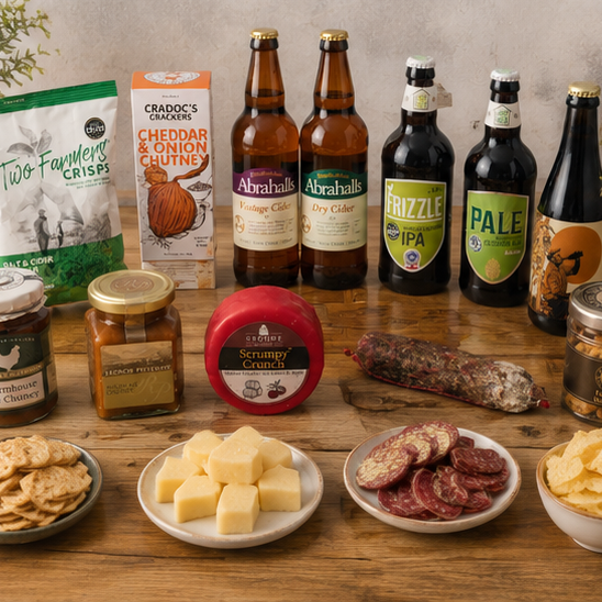 Beer and cider grazing board with artisan cheese, salami, crackers and farmhouse ale chutney