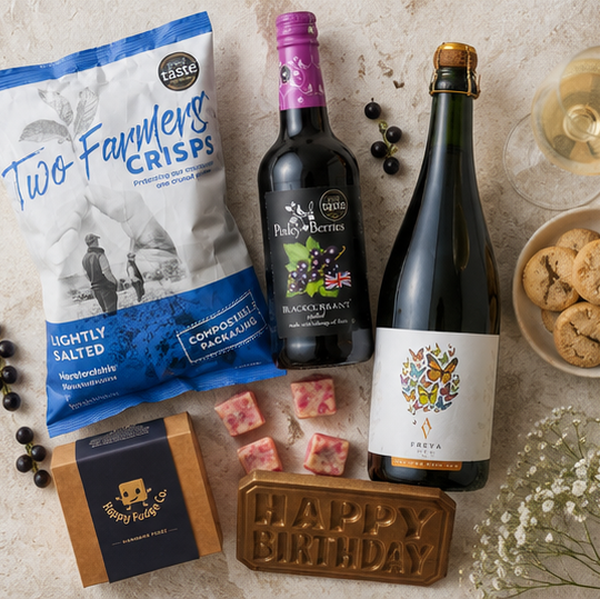 Sparkling wine birthday gift with chocolate, fudge and shortbread