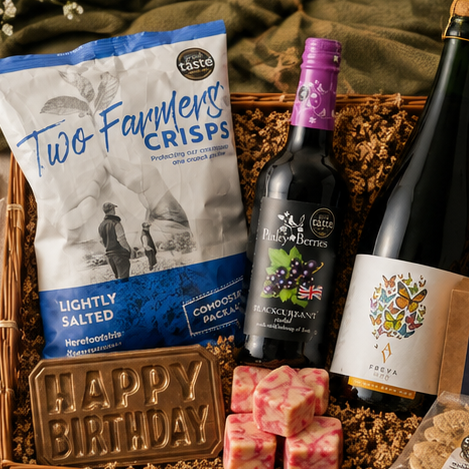 Birthday gift hamper with English sparkling wine and celebration treats