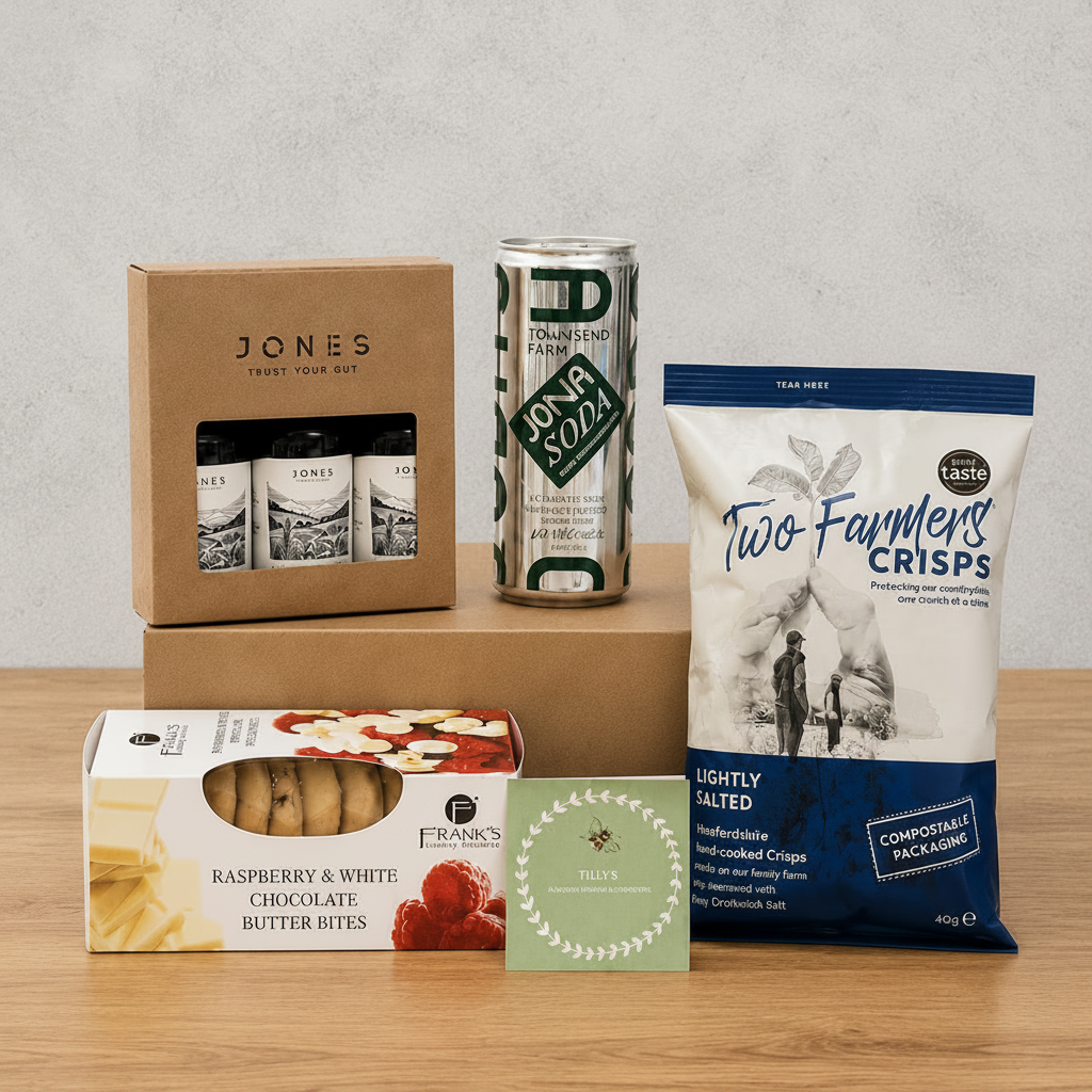 Assorted food products including a box, can, and bags on a wooden surface with a gray background.