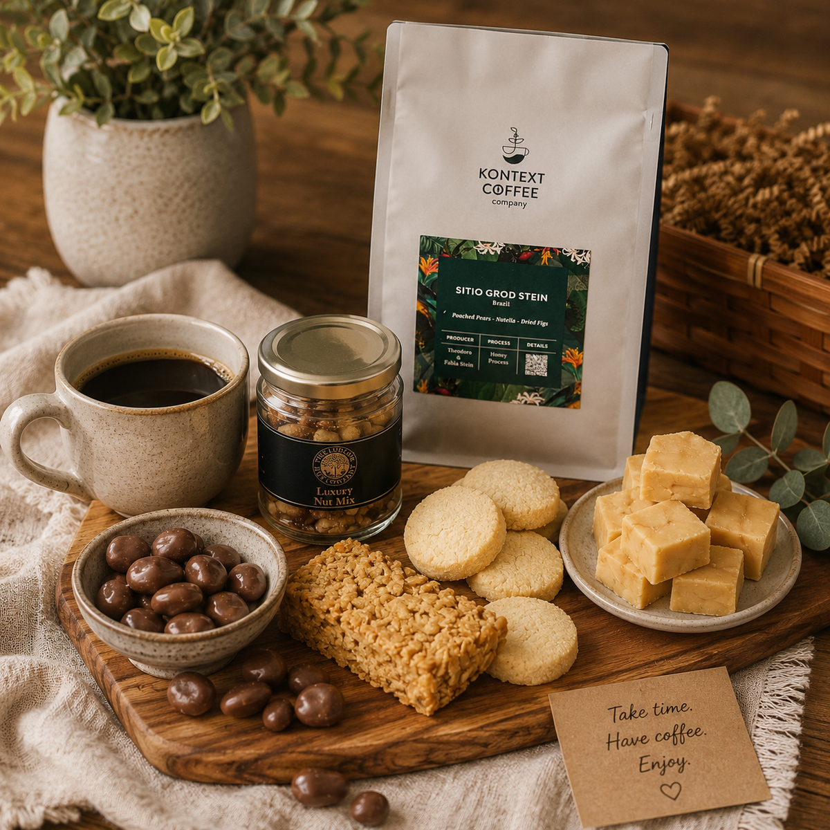 Coffee gift hamper with artisan coffee, shortbread, fudge, chocolate treats and luxury nuts