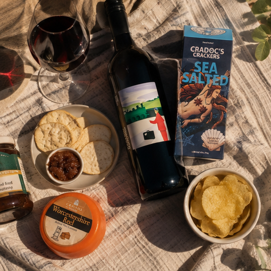 English red wine gift with artisan cheese, chutney, crackers and savoury snacks