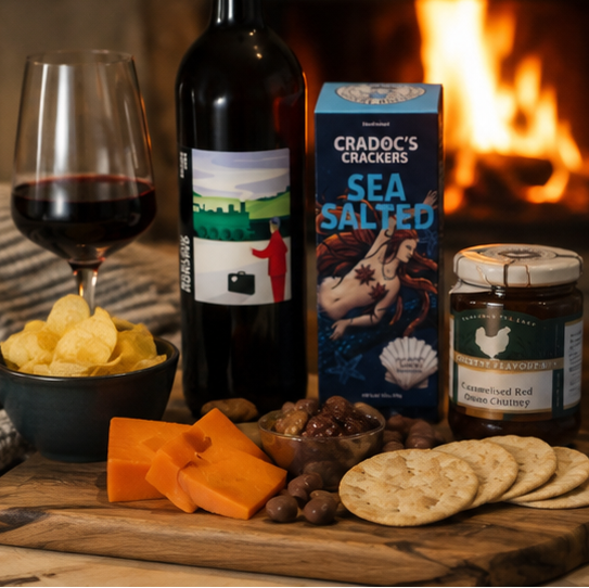 English red wine and cheese gift with crackers, caramelised onion chutney and chocolate treats