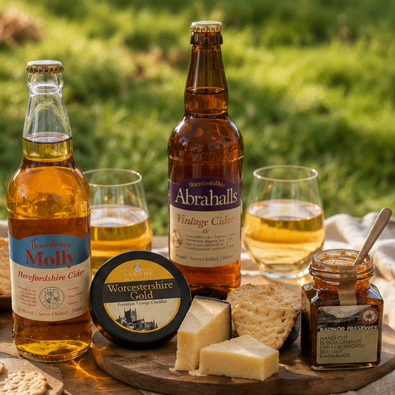 Two bottles of Herefordshire cider with a platter of cheese, crackers, and preserves on a table outdoors.