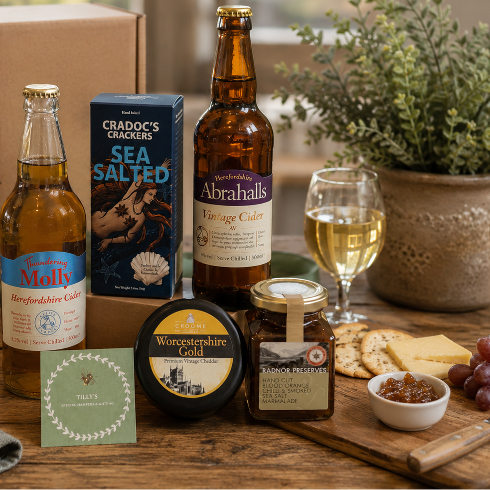 Tilly's Hampers product display with beer, cheese, crackers, and other snacks on a wooden table.