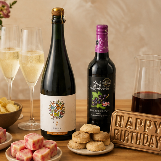 English sparkling wine birthday hamper with artisan sweet and savoury treats