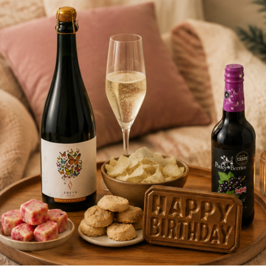 Birthday celebration gift with sparkling wine, chocolate and fudge
