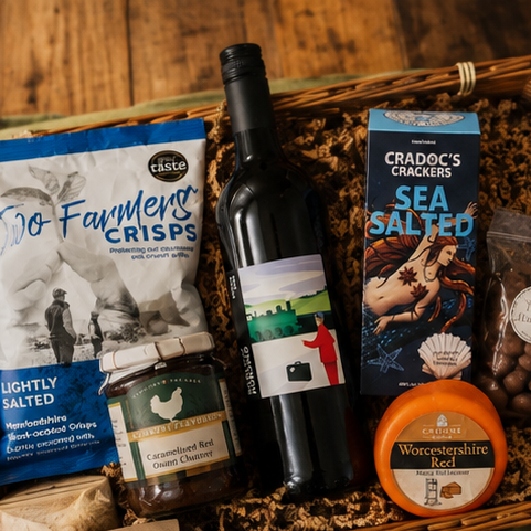 Red wine hamper with English wine, artisan cheese, crackers, chutney and treats