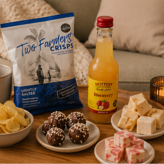 Affordable food gift with chocolate truffles, marshmallows, crisps and biscuits