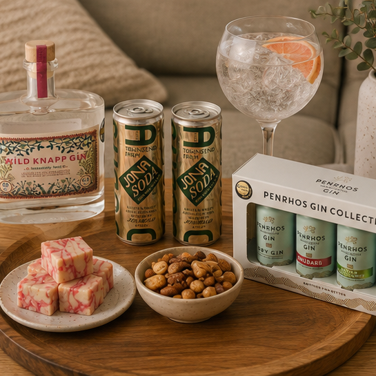 Gin lover gift with artisan gin, miniature tasting bottles and apple soda