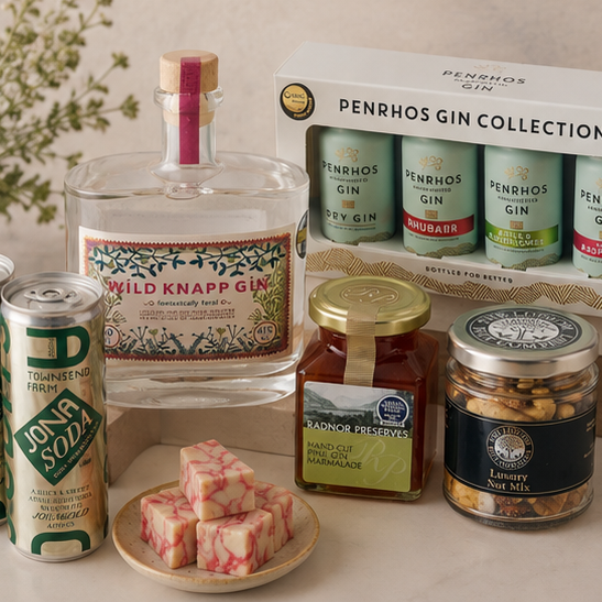 Gin tasting gift hamper with mixers, pink gin marmalade and artisan treats
