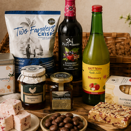 Relaxation gift with fruity tea, biscuits, marshmallows and chocolate treats