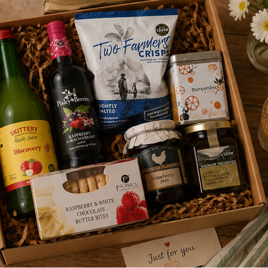 Self-care gift hamper with tea, preserves, biscuits and comforting treats