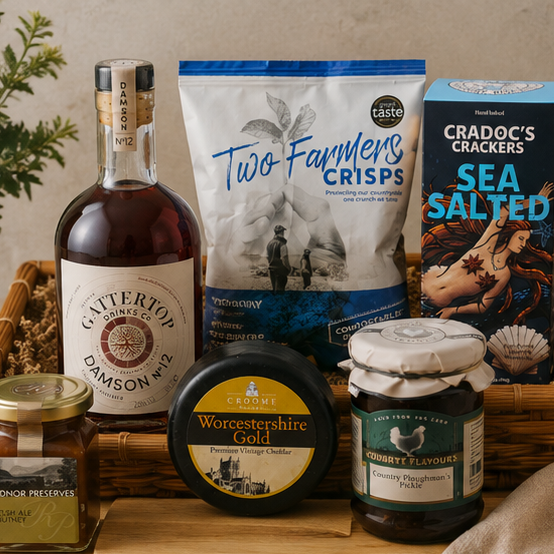 Damson liqueur gift with Worcestershire cheese and artisan accompaniments