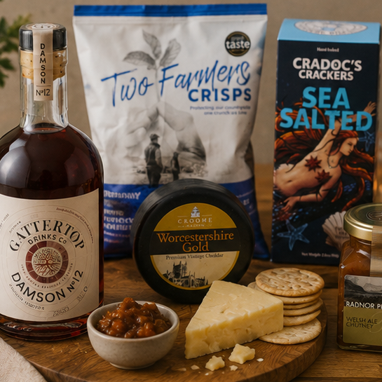Cheese grazing gift with Damson Vodka Liqueur and artisan savoury treats