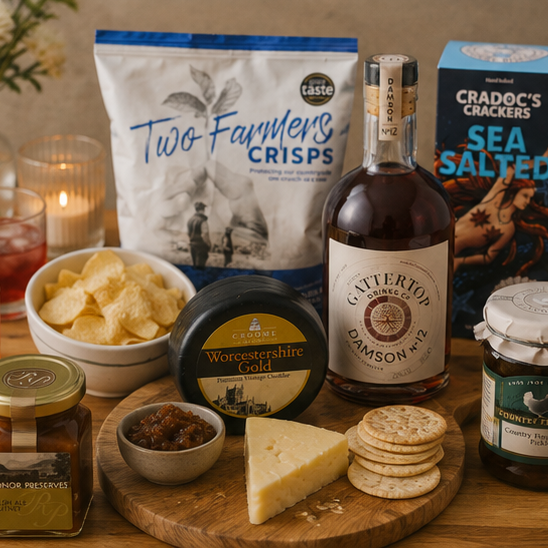 Savoury food and drink hamper with cheese, crackers, chutney and liqueur