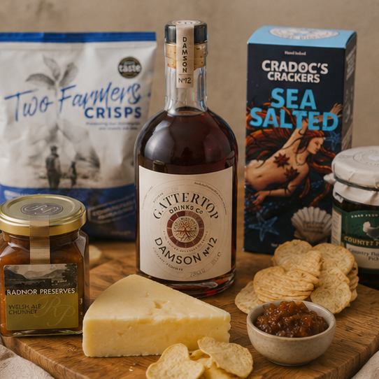 Damson liqueur and cheese gift with crackers, chutney and pickle
