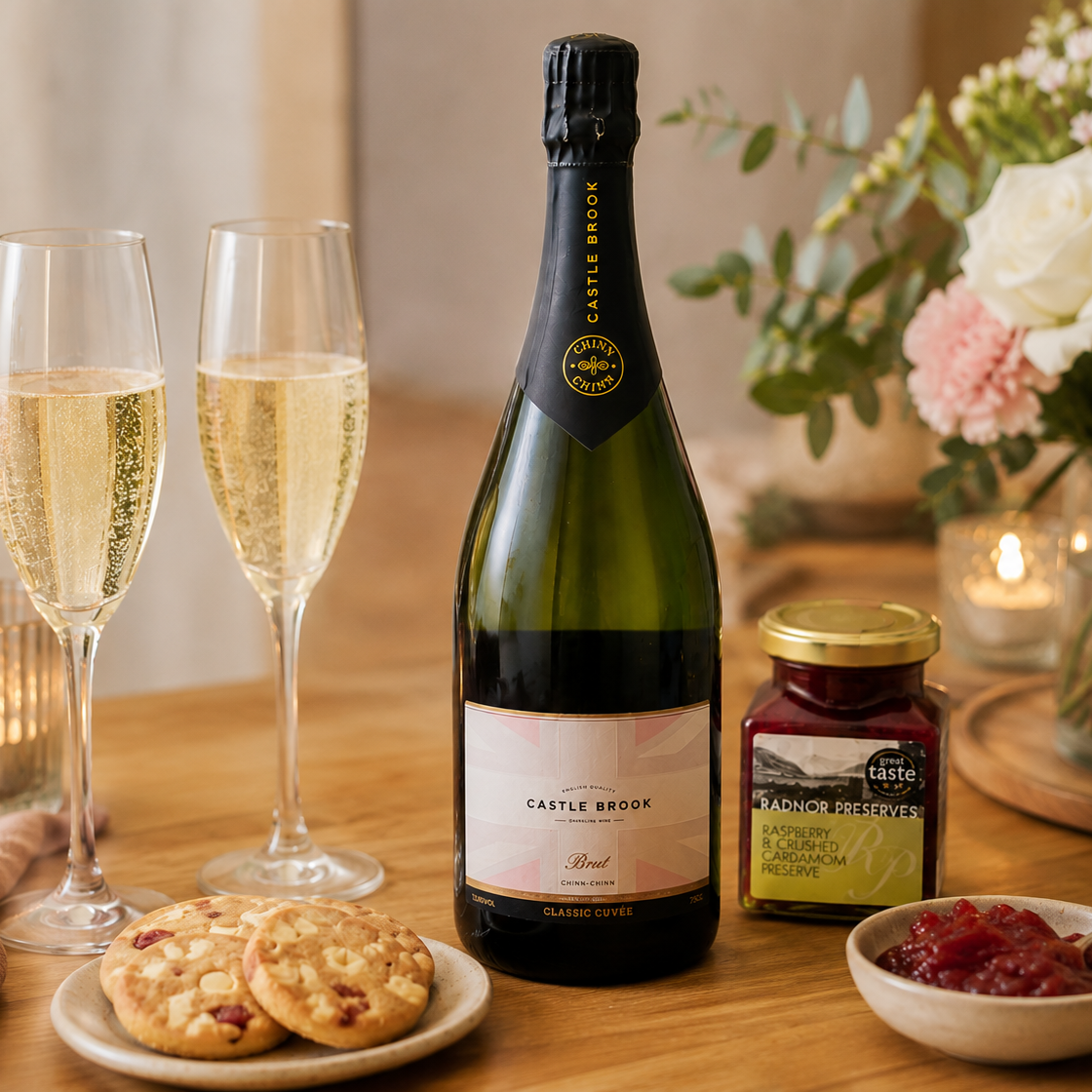 A bottle of Castle Brook Brut sparkling wine with two filled champagne flutes on a wooden table, alongside cookies, a jar of preserves, and a bowl of jam, with a flower arrangement and candles in the background.