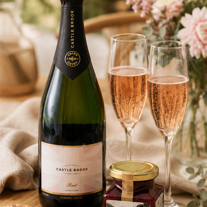 English sparkling rosé wine gift with raspberry preserve and artisan biscuits
