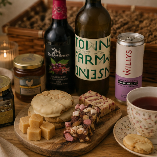 Sweet food gift with fudge, marshmallows, chocolate, biscuits and preserves