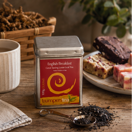 English Breakfast tea by Trumpeter Tea on a wooden table with a cup of tea, snacks, and loose tea.