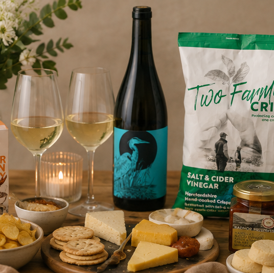 White wine and cheese gift hamper with British artisan food