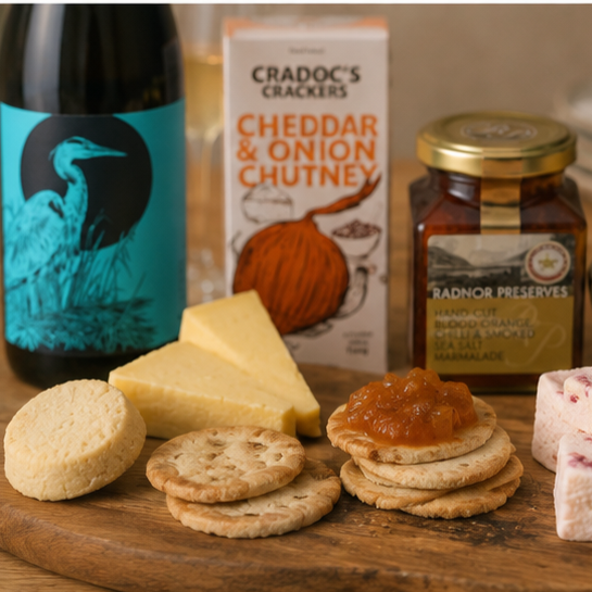 White wine grazing gift with cheese, crackers and sweet treats