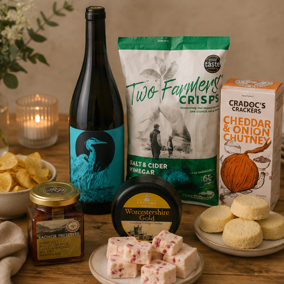 English white wine gift with cheese, crisps, shortbread and marshmallows